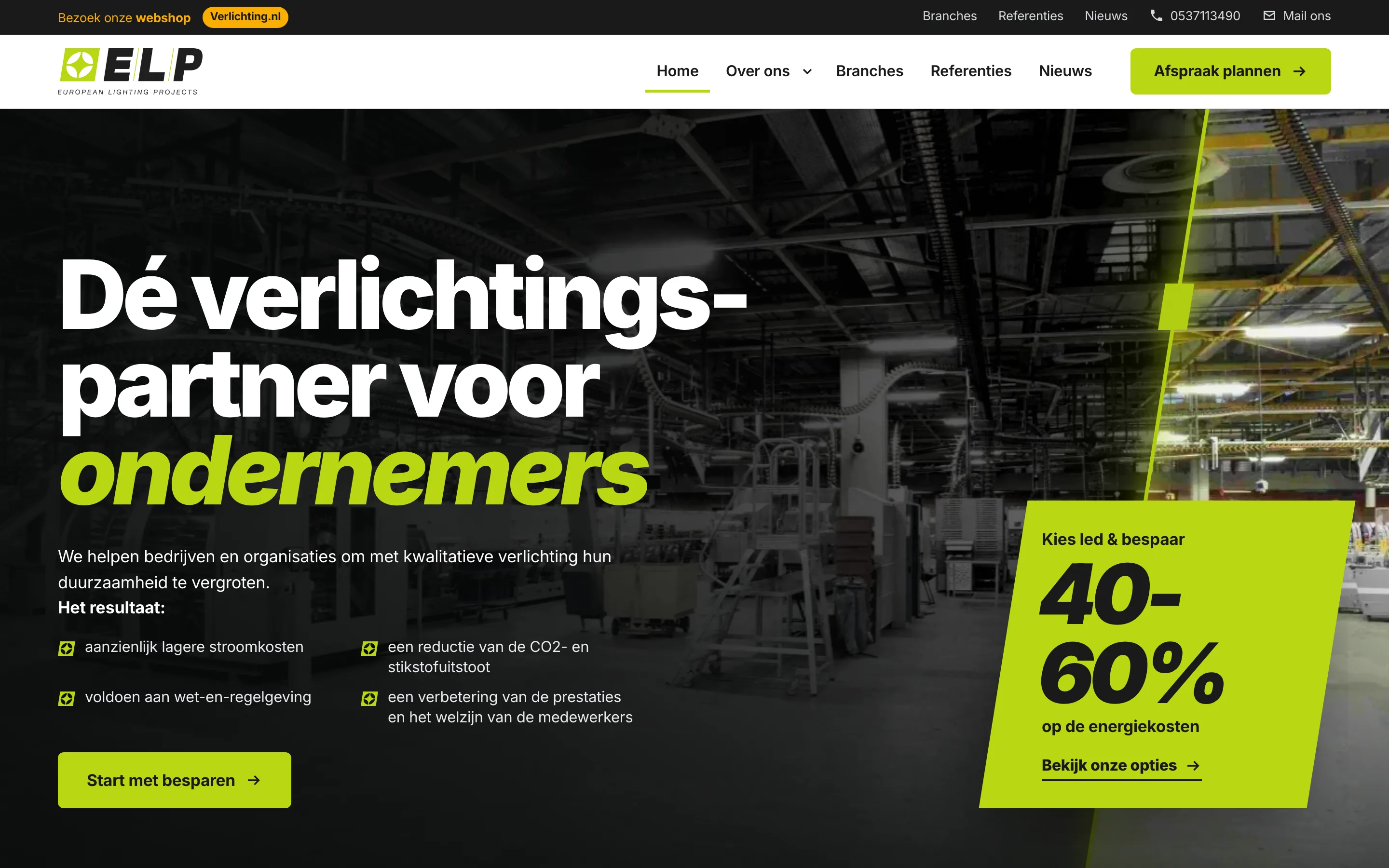 Schermopname van European Lighting Projects homepage