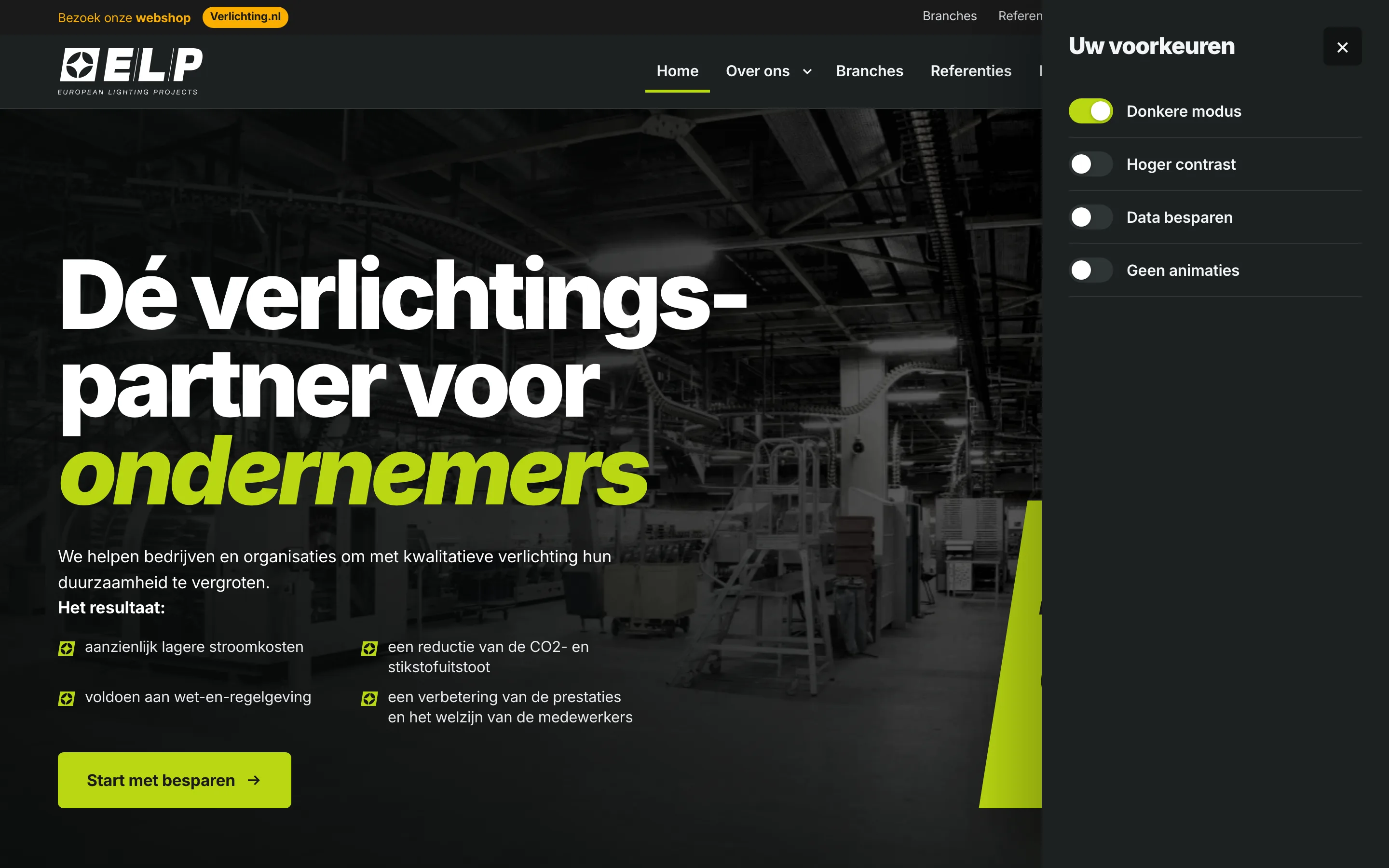 Schermopname van Voorkeuren voor donkere modus, contrast en animaties