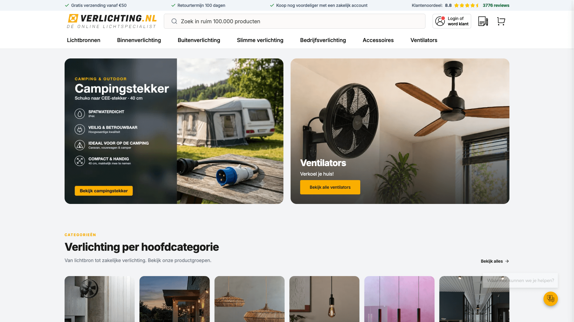 Schermopname van Verlichting.nl homepage